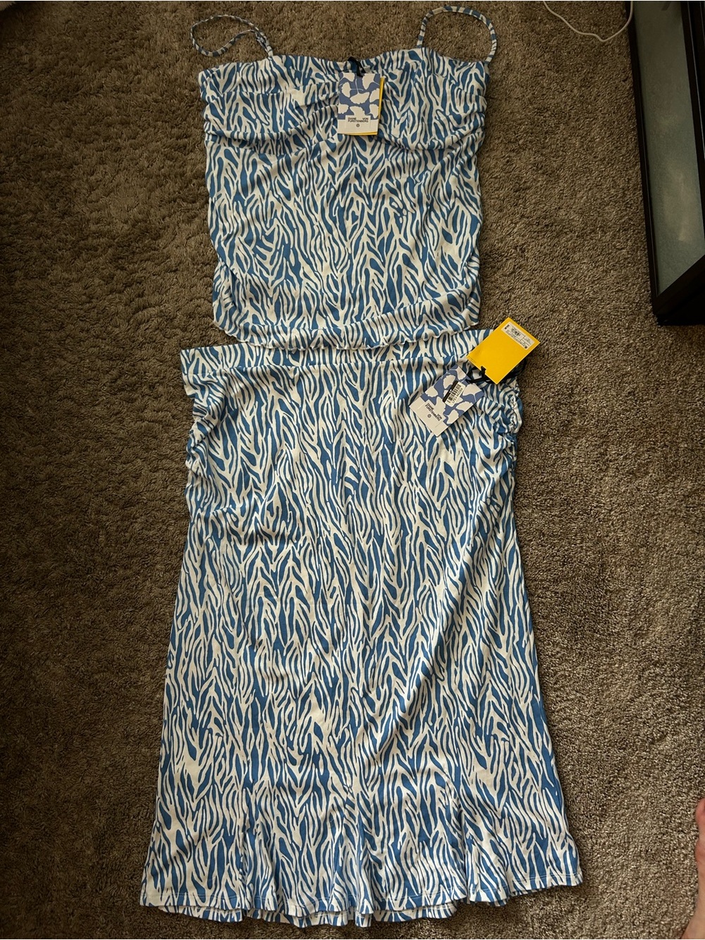 Diane Von Furstenberg Blue and White Printed Strapless Maxi Skirt & Shirt Set